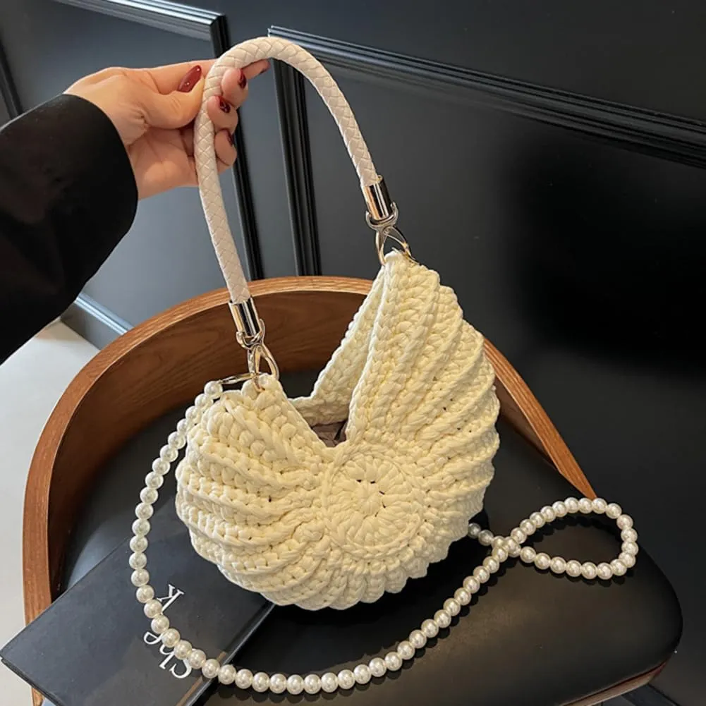 Handwoven Seashell Bag for Women - Beach Shoulder Bag with Pearl Chain, Seashell Purse for Vacation, Travel & Summer