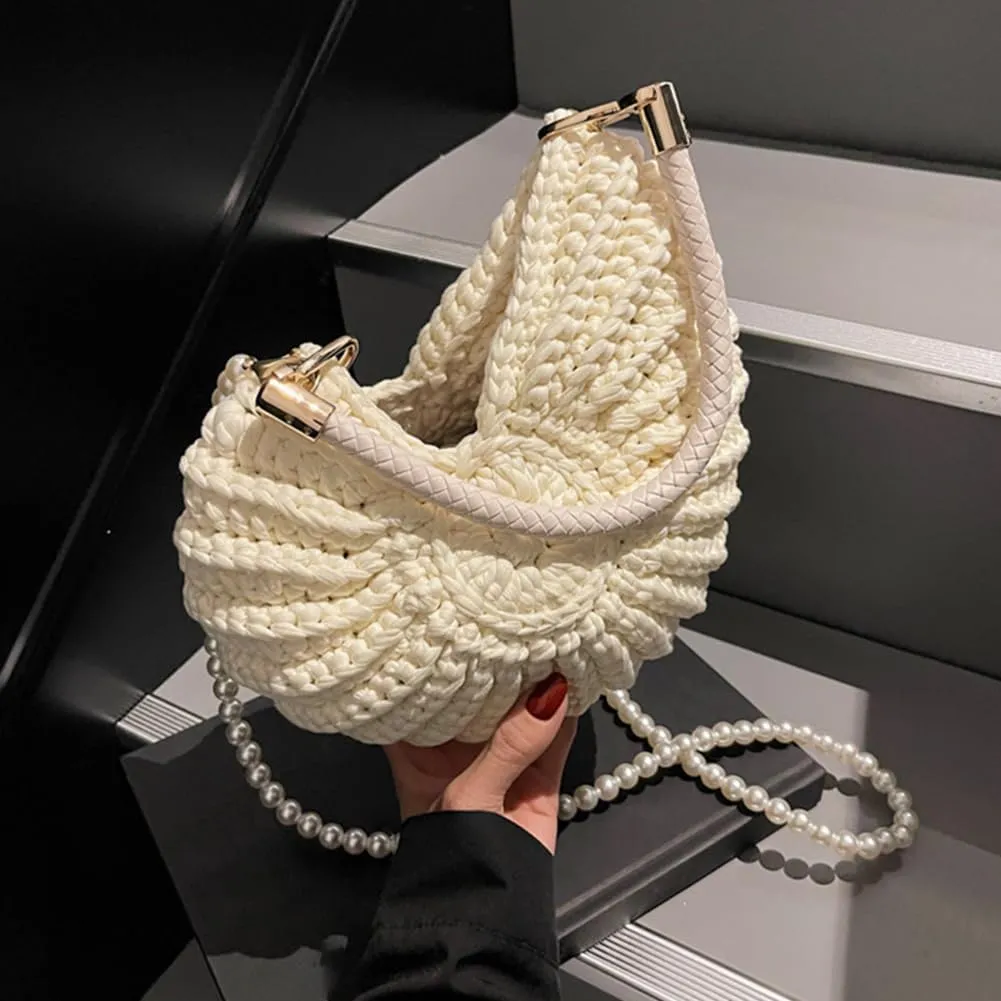 Handwoven Seashell Bag for Women - Beach Shoulder Bag with Pearl Chain, Seashell Purse for Vacation, Travel & Summer