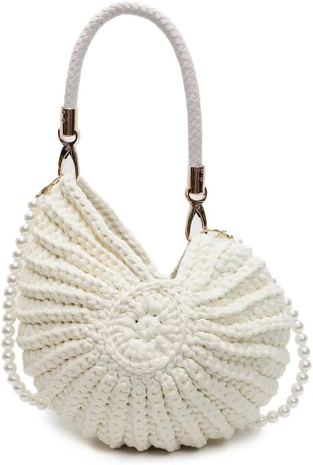 Handwoven Seashell Bag for Women - Beach Shoulder Bag with Pearl Chain, Seashell Purse for Vacation, Travel & Summer