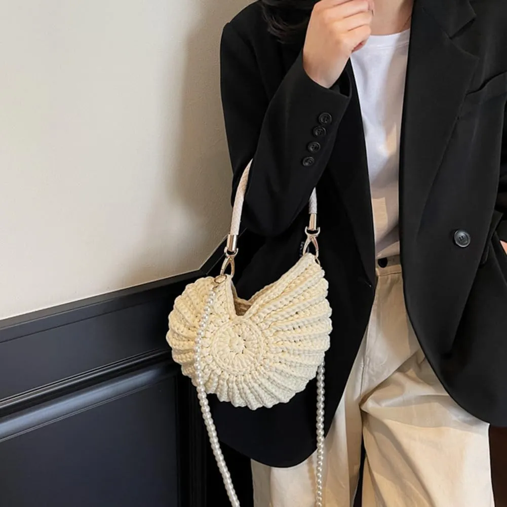 Handwoven Seashell Bag for Women - Beach Shoulder Bag with Pearl Chain, Seashell Purse for Vacation, Travel & Summer