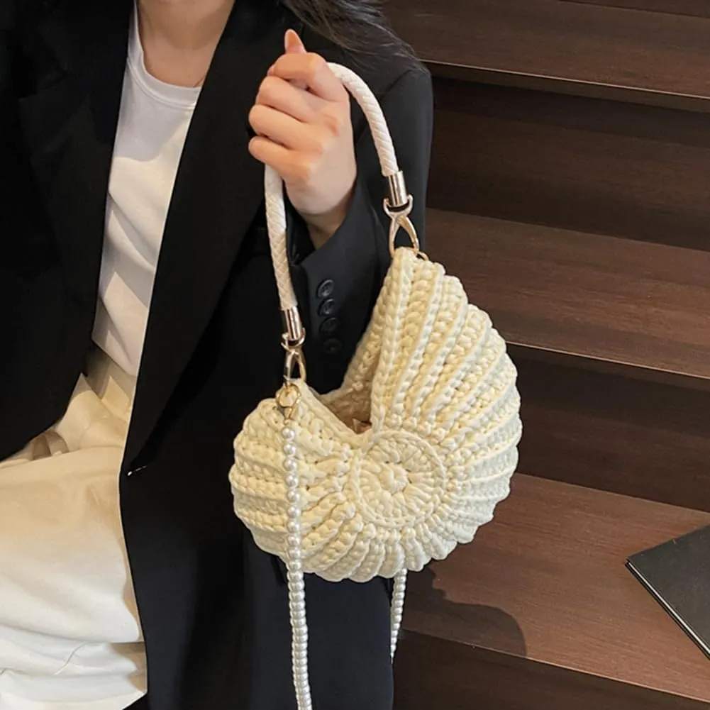 Handwoven Seashell Bag for Women - Beach Shoulder Bag with Pearl Chain, Seashell Purse for Vacation, Travel & Summer