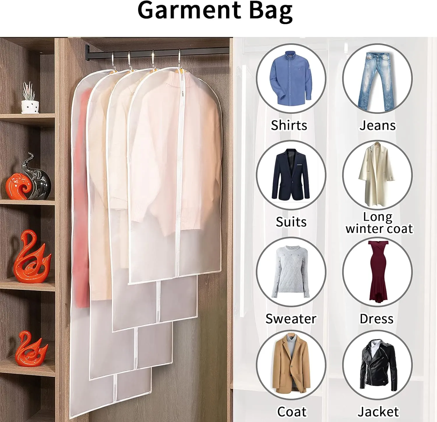 Hanging Garment Bags Suit Bags (Set of 12) Dust Cover Breathable Dress Bag for Closet Clothes Storage or Travel- Clear 24'' x 60''
