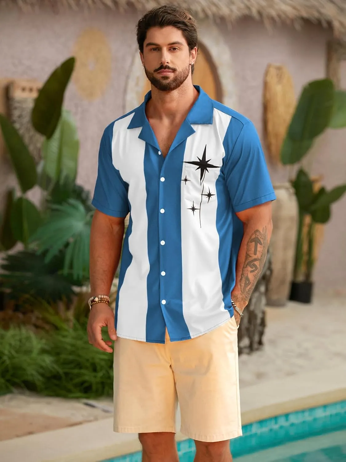 Hardaddy Men's Camp Collar Retro Vintage Bowling Button Down Shirt with Pocket Casual Short Sleeve Beach Shirts Summer