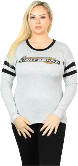 Harley-Davidson Women's Eatin Dust Crew Neck Striped Longsleeve Tee Shirt, Gray