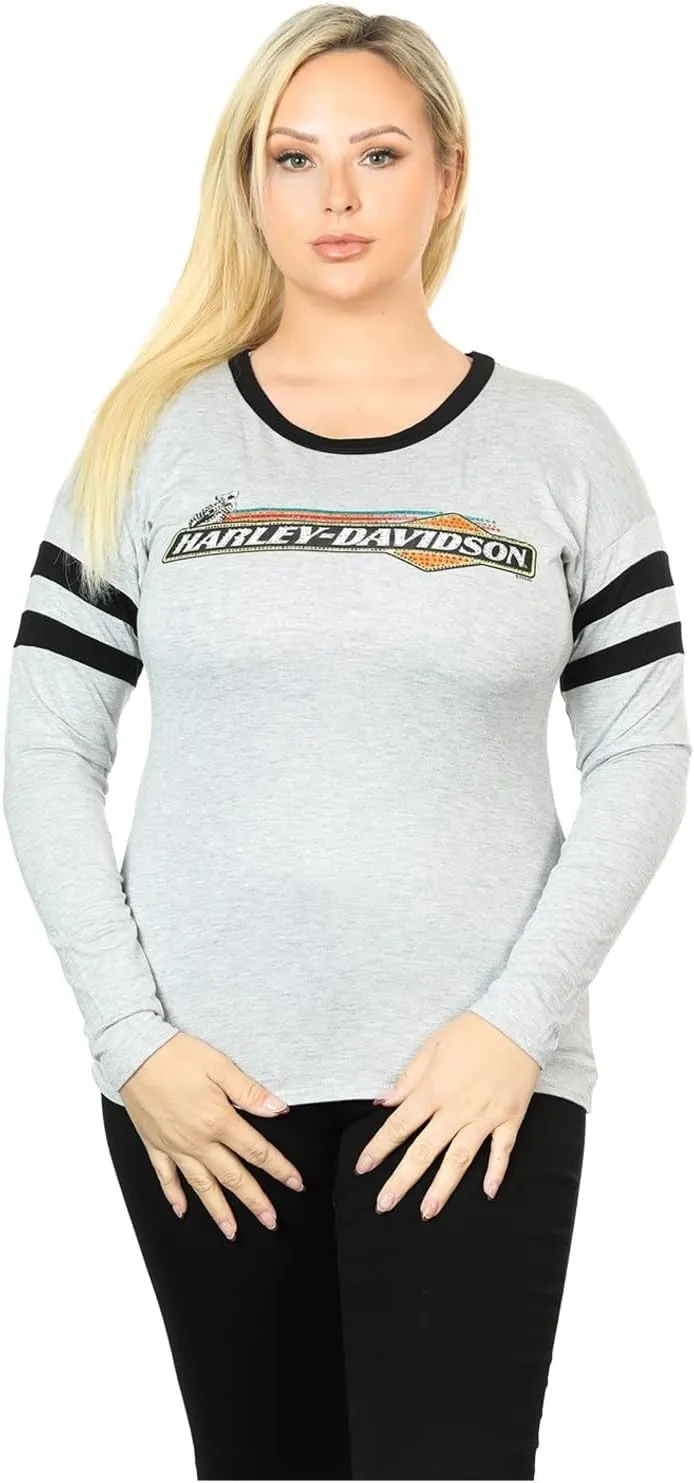 Harley-Davidson Women's Eatin Dust Crew Neck Striped Longsleeve Tee Shirt, Gray