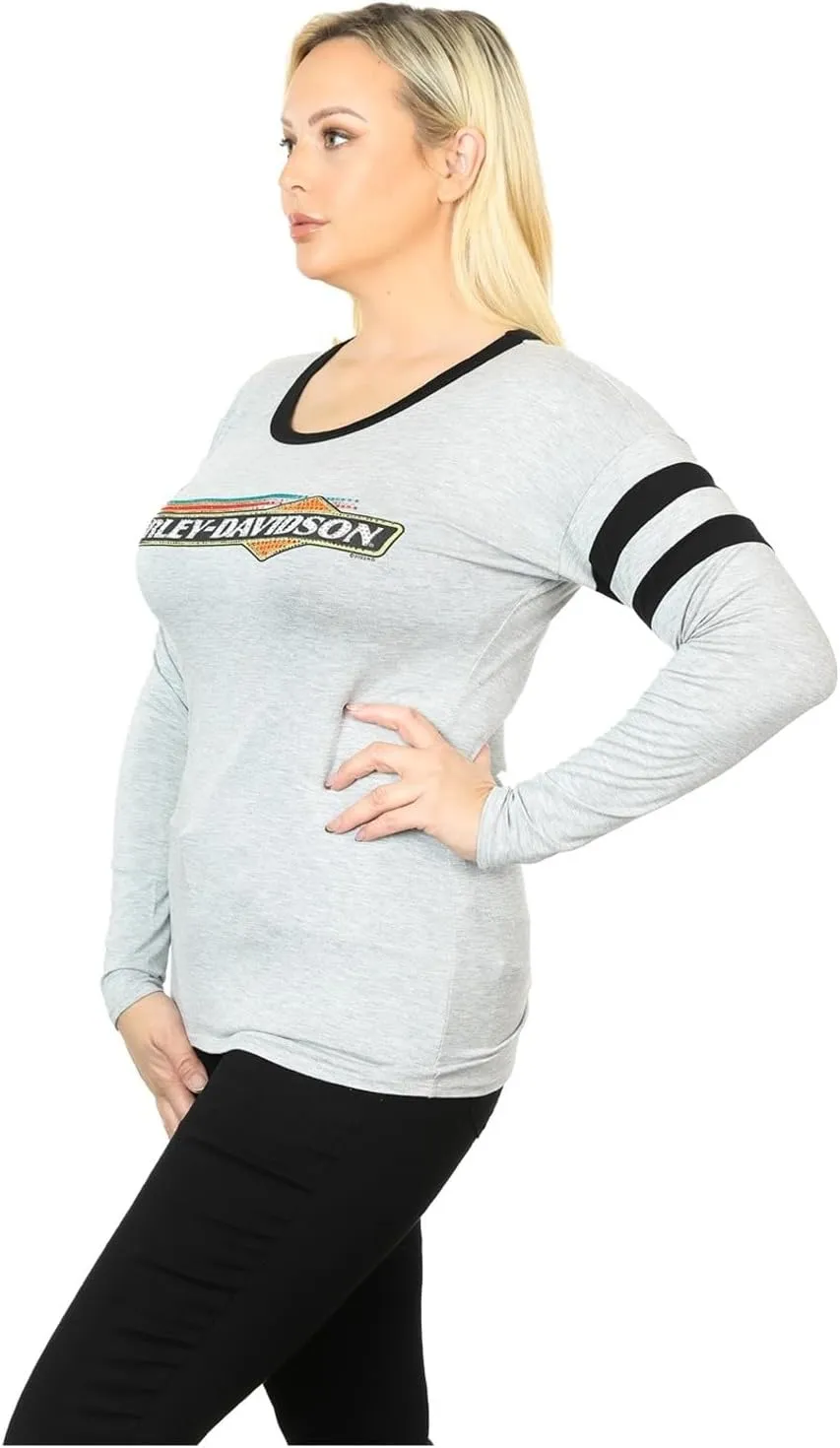 Harley-Davidson Women's Eatin Dust Crew Neck Striped Longsleeve Tee Shirt, Gray
