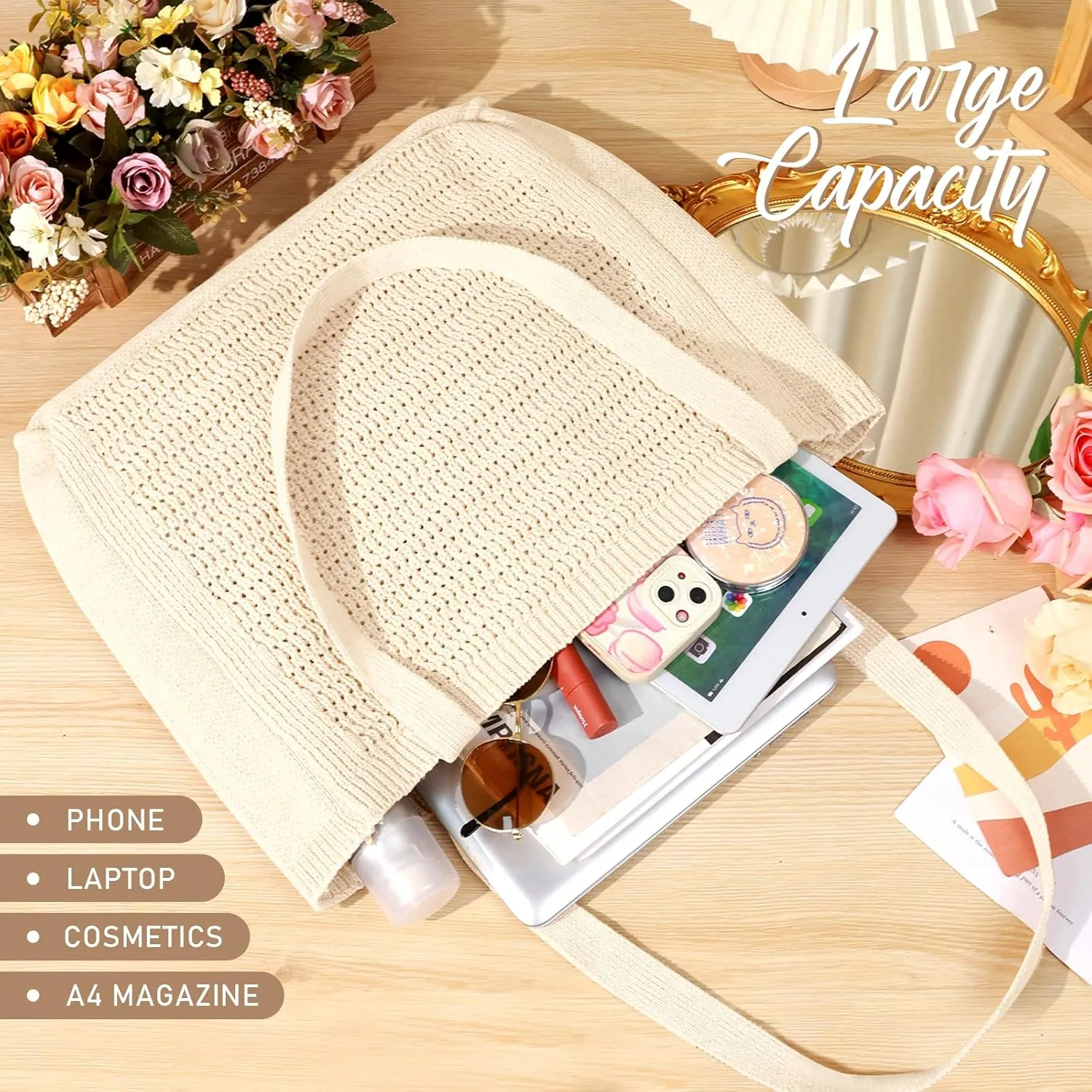 hatisan Crochet Bags for Women - Large Tote Aesthetic Handbag Shoulder Hippie Knit Bag