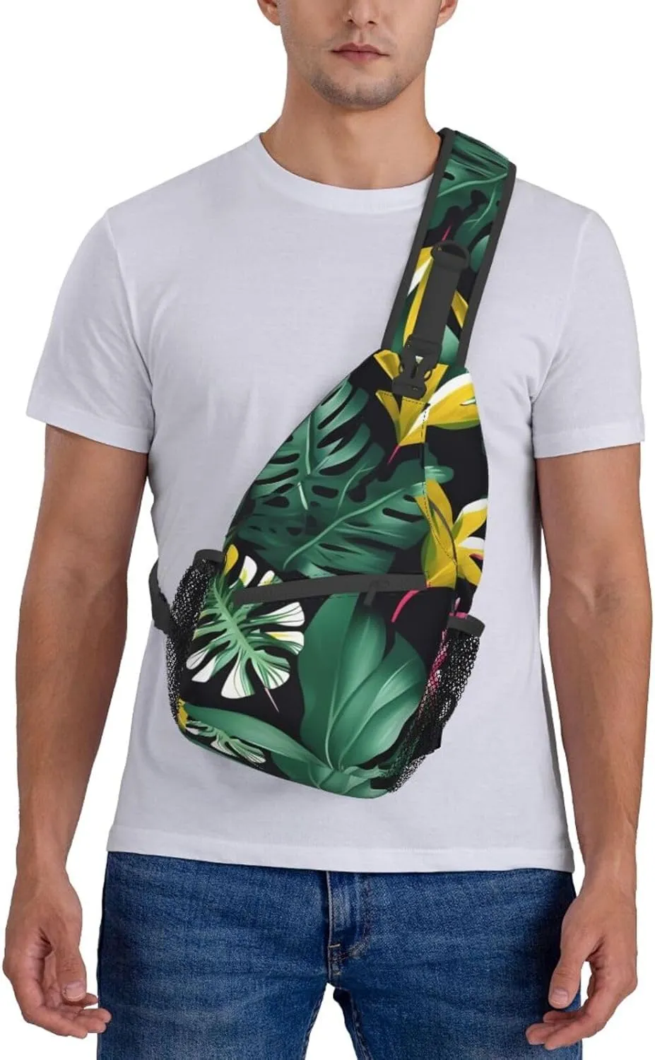 Hawaiian Tropical Leaves Flower Unisex Casual Diagonal Chest Bag,Multipurpose Crossbody Shoulder Bag Travel Hiking Daypack