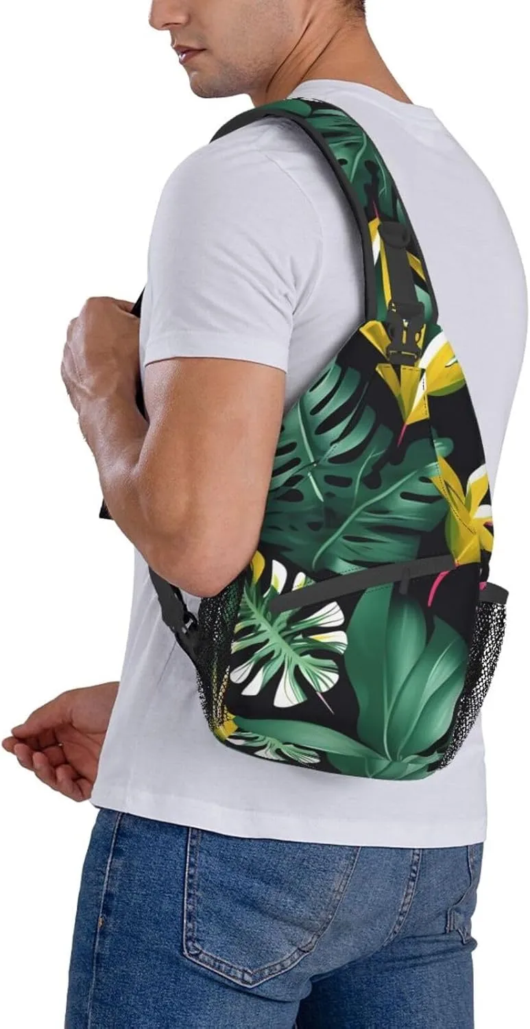 Hawaiian Tropical Leaves Flower Unisex Casual Diagonal Chest Bag,Multipurpose Crossbody Shoulder Bag Travel Hiking Daypack
