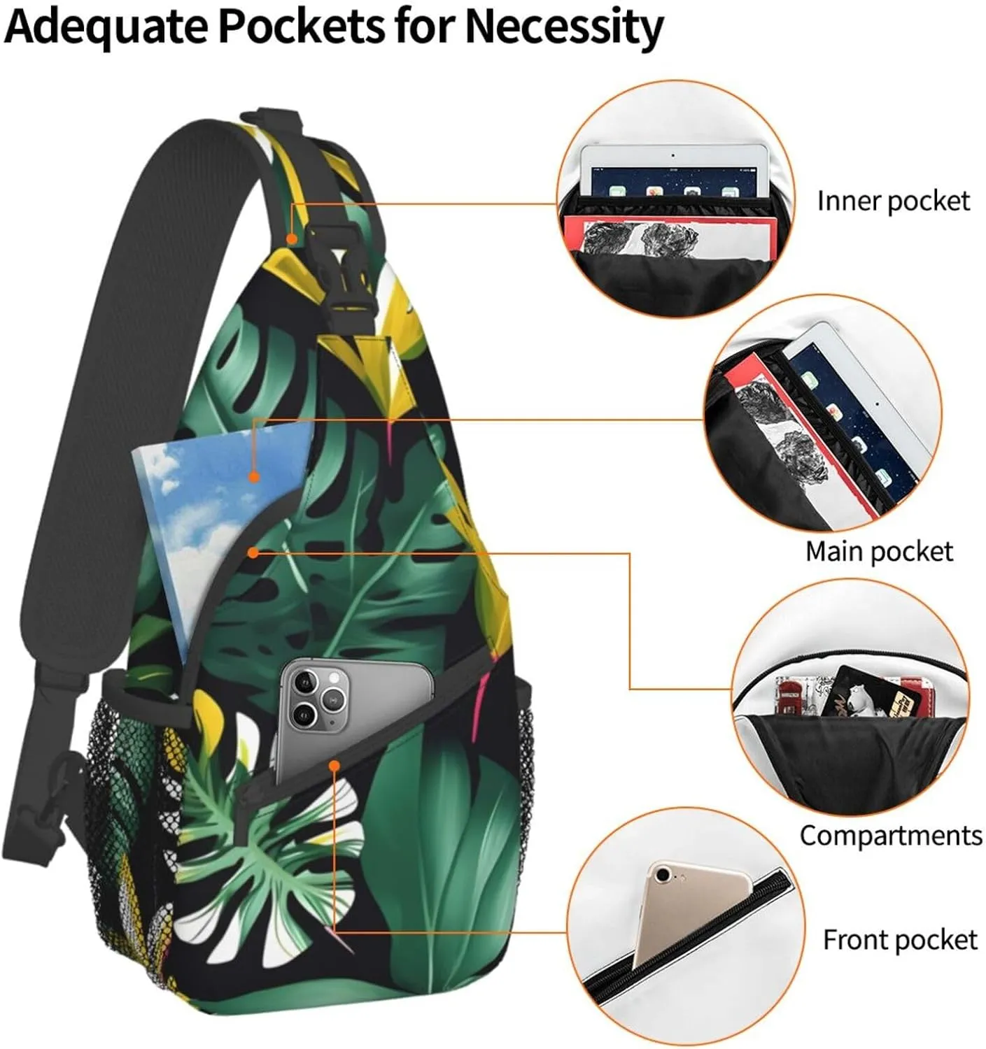 Hawaiian Tropical Leaves Flower Unisex Casual Diagonal Chest Bag,Multipurpose Crossbody Shoulder Bag Travel Hiking Daypack