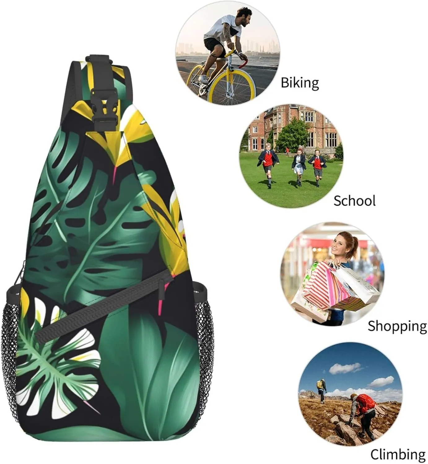Hawaiian Tropical Leaves Flower Unisex Casual Diagonal Chest Bag,Multipurpose Crossbody Shoulder Bag Travel Hiking Daypack