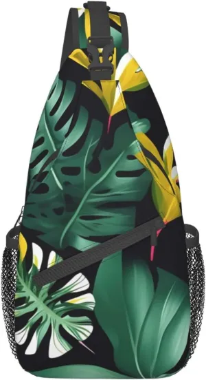Hawaiian Tropical Leaves Flower Unisex Casual Diagonal Chest Bag,Multipurpose Crossbody Shoulder Bag Travel Hiking Daypack