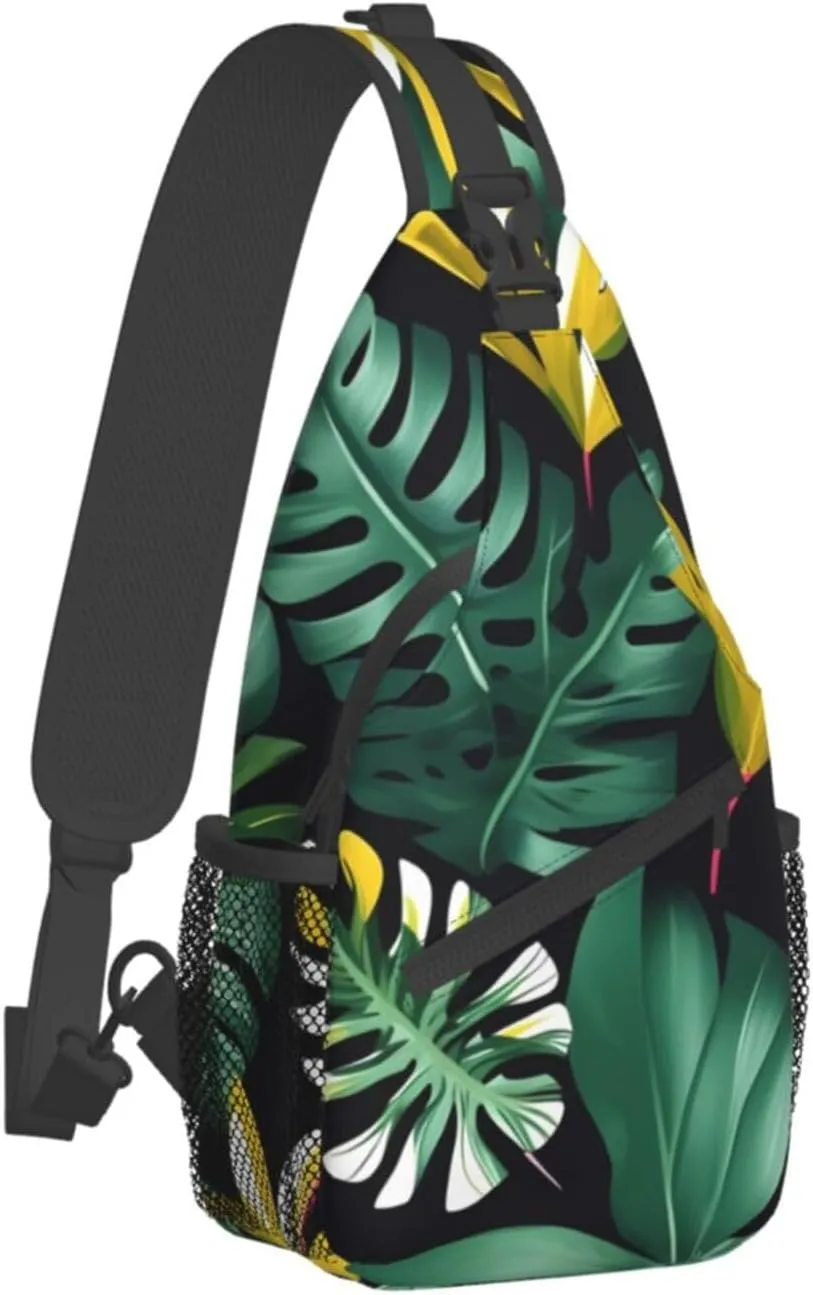 Hawaiian Tropical Leaves Flower Unisex Casual Diagonal Chest Bag,Multipurpose Crossbody Shoulder Bag Travel Hiking Daypack