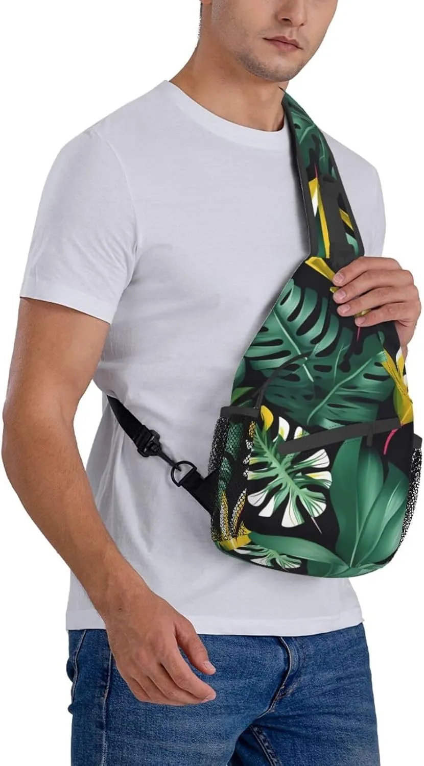 Hawaiian Tropical Leaves Flower Unisex Casual Diagonal Chest Bag,Multipurpose Crossbody Shoulder Bag Travel Hiking Daypack