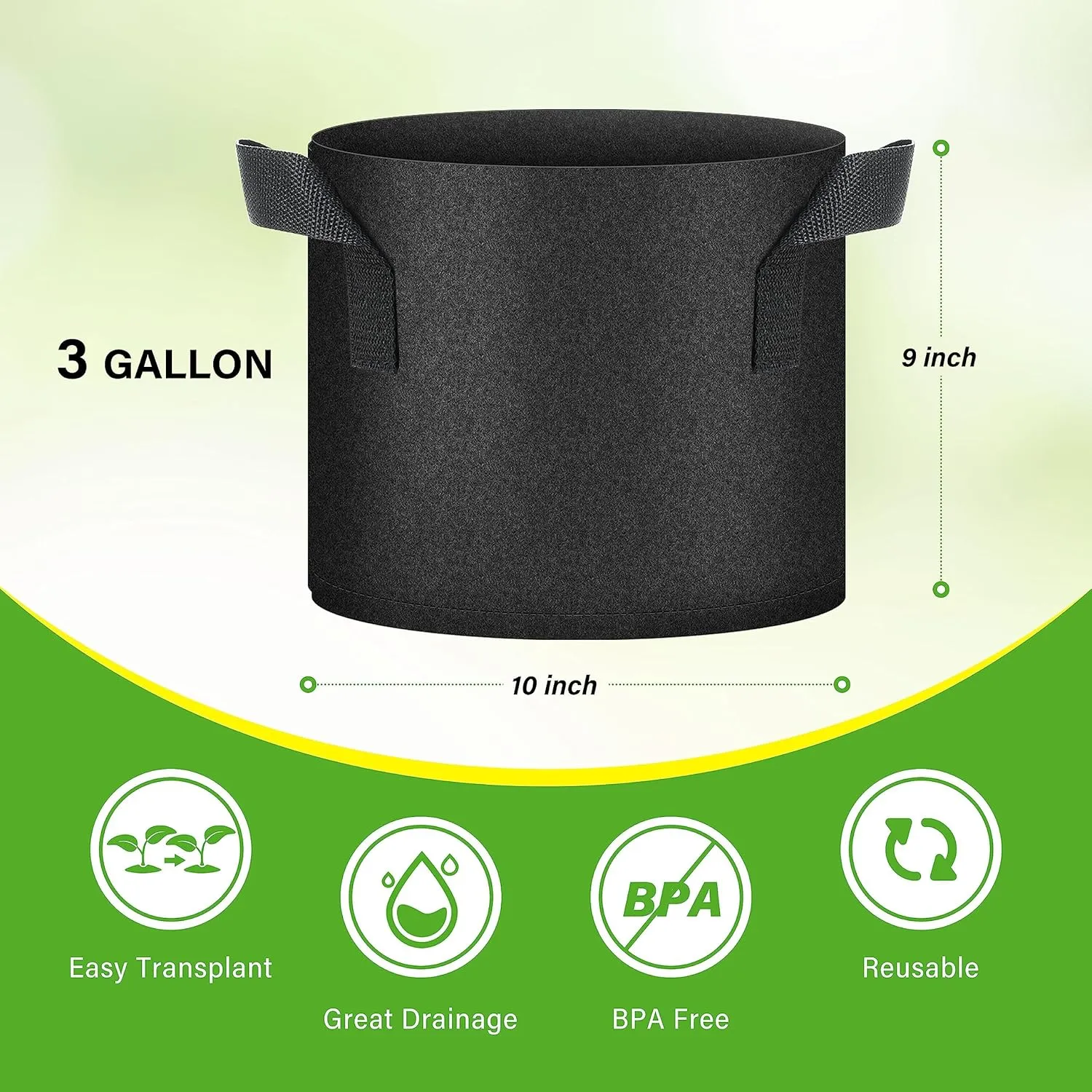 HealSmart 3 Gallon 10 Pack Plant Grow Bags, Tomoato Planter Pots with Handles, Aeration Nonwoven Fabric, Heavy Duty Gardening Planter for Vegetable, Herbs and Flowers, Black