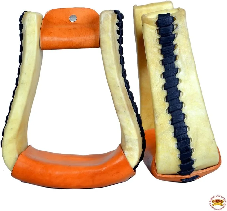 HILASON Horse Western Saddle Stirrup Rawhide Leather Stirrups Pair | Western Stirrups | Saddle Stirrups | Western Stirrups for Saddle | Barrel Racing Stirrups | Stirrups for Horses