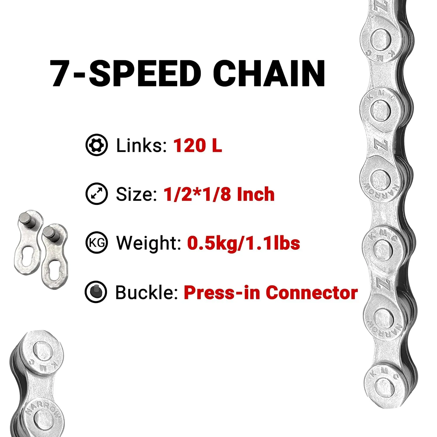Himiway KMC Bike Chain 1/6/7 Speed Super Rustproof Z8.3 EPT with 1 Pairs Bicycle Magic Buckle, Reusable 120 Links 1/2 * 3/32 Inch Silver Gray Fits Multi-Speed Bikes
