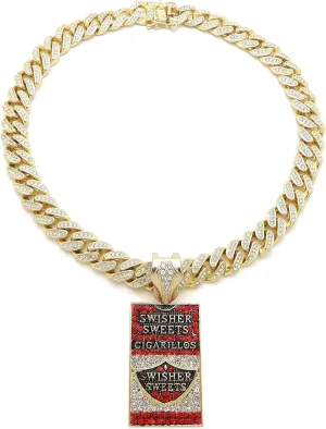Hip Hop SWISHER SWEETS Pendant & 12mm 18" Full Iced Box Lock Cuban Chain Necklace