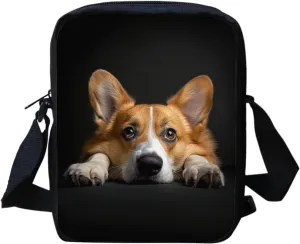 HUGS IDEA Mini Messenger Ba Black Corgi Crossbody Bag for Teen Girls Small Shoulder Handbag Clutch Purse Satchel Kids Schoolbag