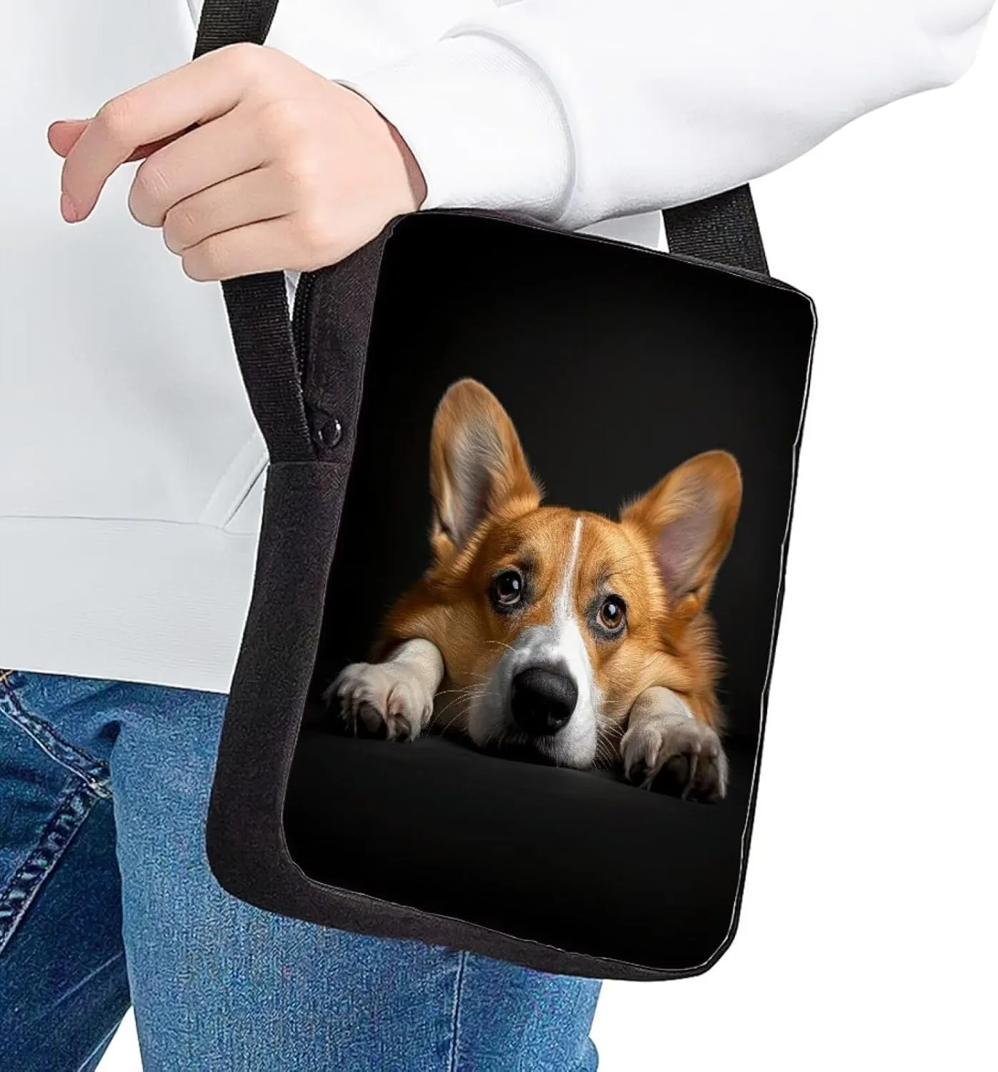 HUGS IDEA Mini Messenger Ba Black Corgi Crossbody Bag for Teen Girls Small Shoulder Handbag Clutch Purse Satchel Kids Schoolbag