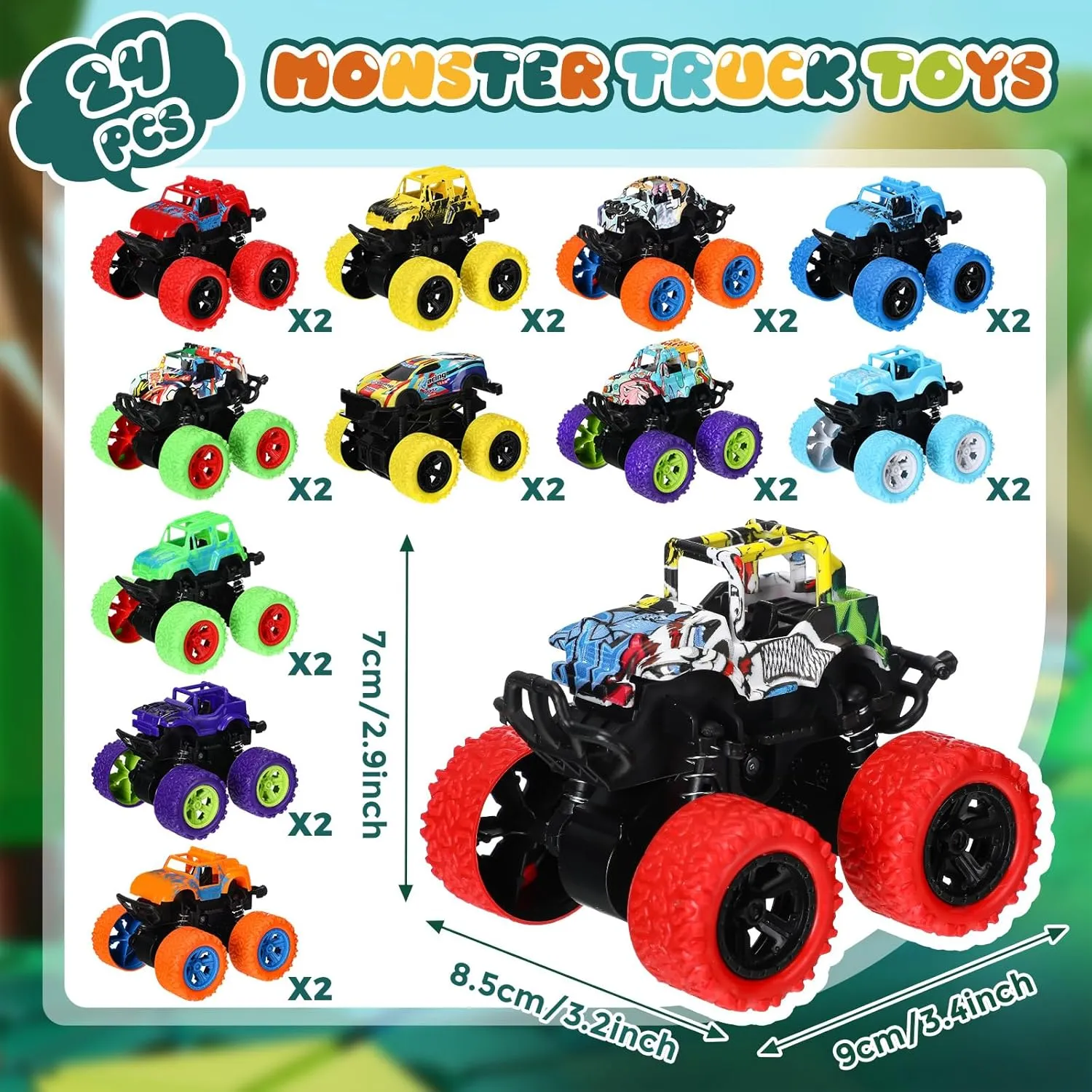 Hungdao 24 Pack Truck Toys Bulk for Girls Boys Mini Pull Back Truck Toy Push and Go Friction Powered Car for Kids Teens Stunts Toy Vehicles Playset for Birthday Gifts(Cool Style)