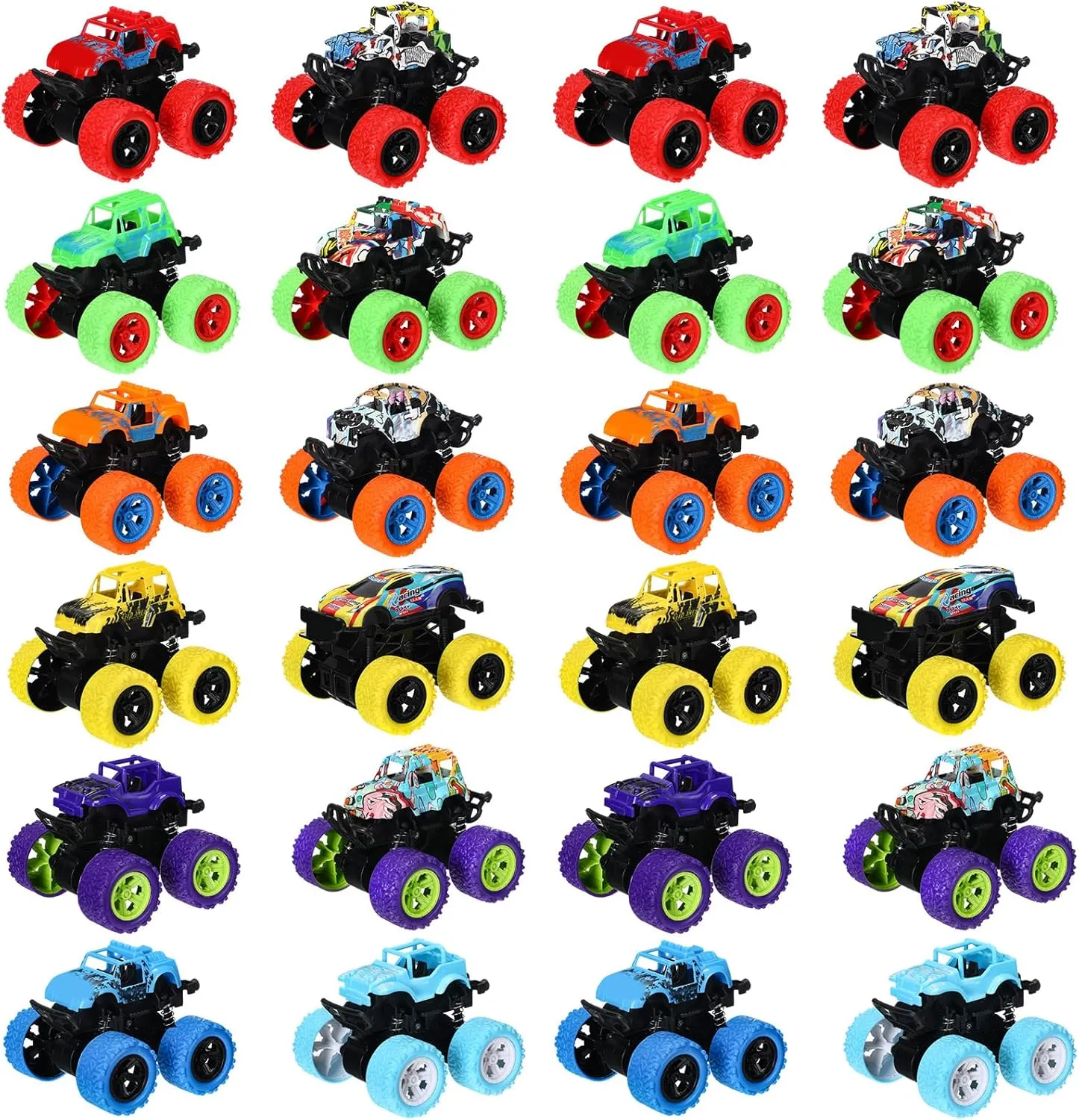 Hungdao 24 Pack Truck Toys Bulk for Girls Boys Mini Pull Back Truck Toy Push and Go Friction Powered Car for Kids Teens Stunts Toy Vehicles Playset for Birthday Gifts(Cool Style)