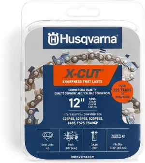 Husqvarna X-Cut S93G 12 Inch Chainsaw Chain, 3/8" Mini Pitch, .050" Gauge, 45 Drive Link Chainsaw Blade Replacement, Pre-Stretched and Low Kickback, Gray