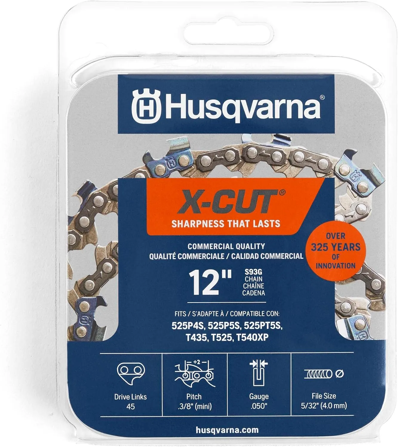 Husqvarna X-Cut S93G 12 Inch Chainsaw Chain, 3/8" Mini Pitch, .050" Gauge, 45 Drive Link Chainsaw Blade Replacement, Pre-Stretched and Low Kickback, Gray