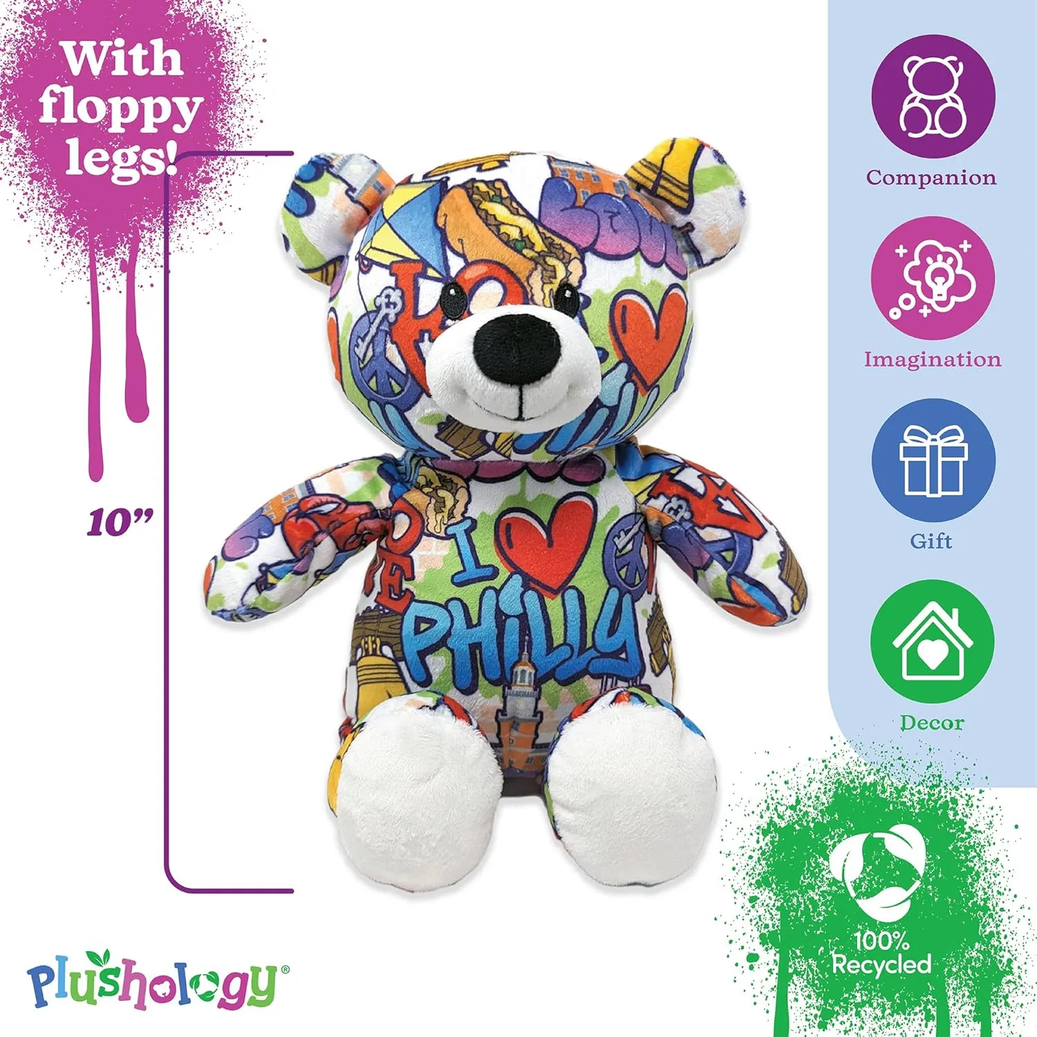 I Love Philadelphia Graffiti Teddy Bear Eco Friendly Stuffed Animal; Cuddly Soft Velboa Plush Animal for Kids 3 Years Old to Adults; Child-Safe Embroidered Eyes (10" Tall When Seated)