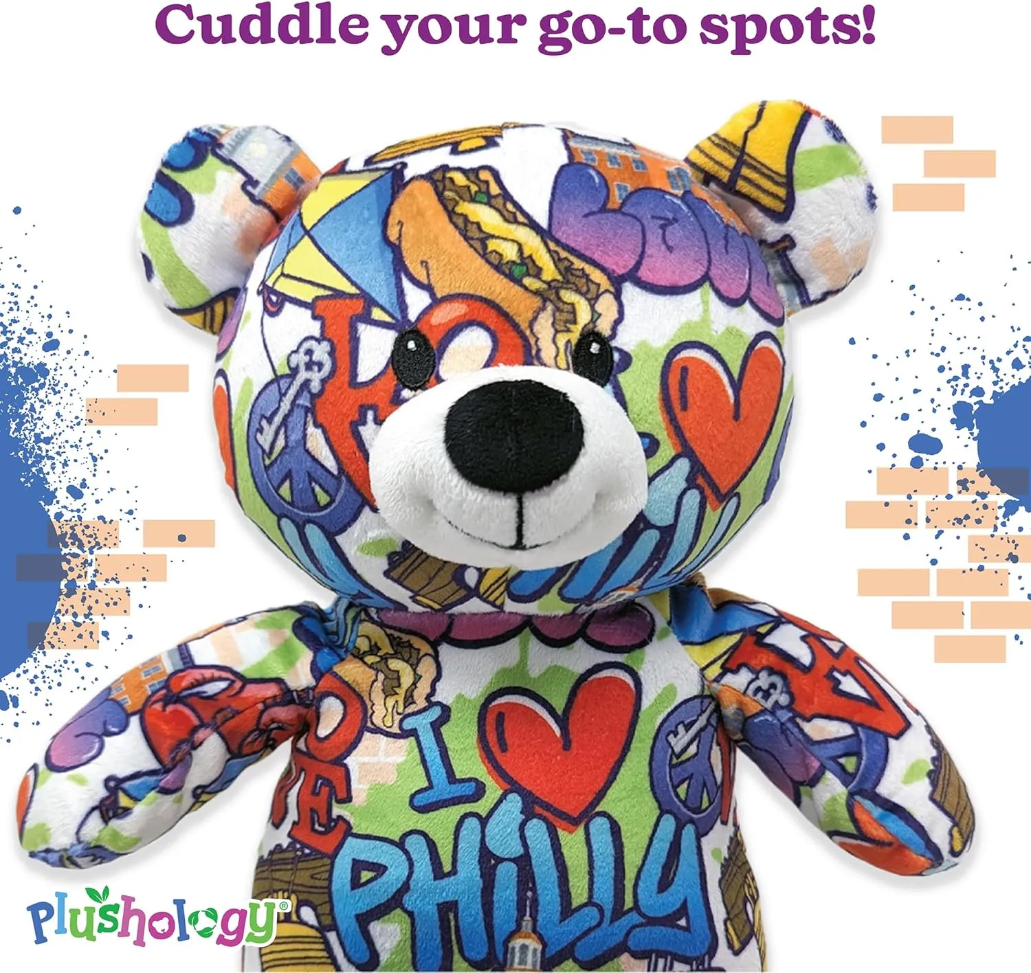 I Love Philadelphia Graffiti Teddy Bear Eco Friendly Stuffed Animal; Cuddly Soft Velboa Plush Animal for Kids 3 Years Old to Adults; Child-Safe Embroidered Eyes (10" Tall When Seated)