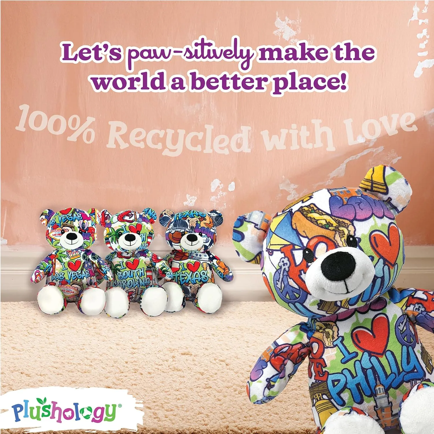 I Love Philadelphia Graffiti Teddy Bear Eco Friendly Stuffed Animal; Cuddly Soft Velboa Plush Animal for Kids 3 Years Old to Adults; Child-Safe Embroidered Eyes (10" Tall When Seated)