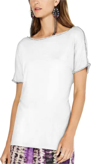 INC International Concepts Short-Sleeve Jewel-Embellished Top (Bright White, S)