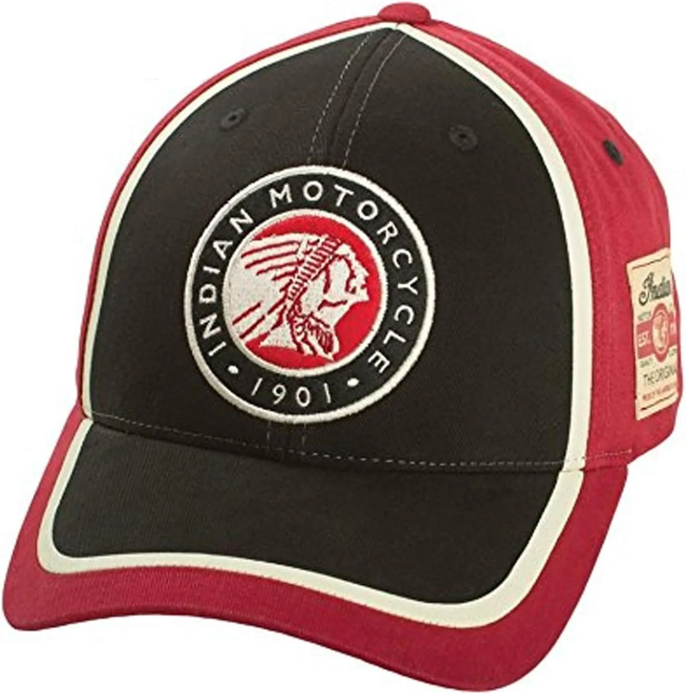 Indian Motorcycle Circle Patch Hat, Red/Black, Regular Fit, Premium Embroidery, Multi-Colored Design, Branded Fabric Patch, Contrast Stitching