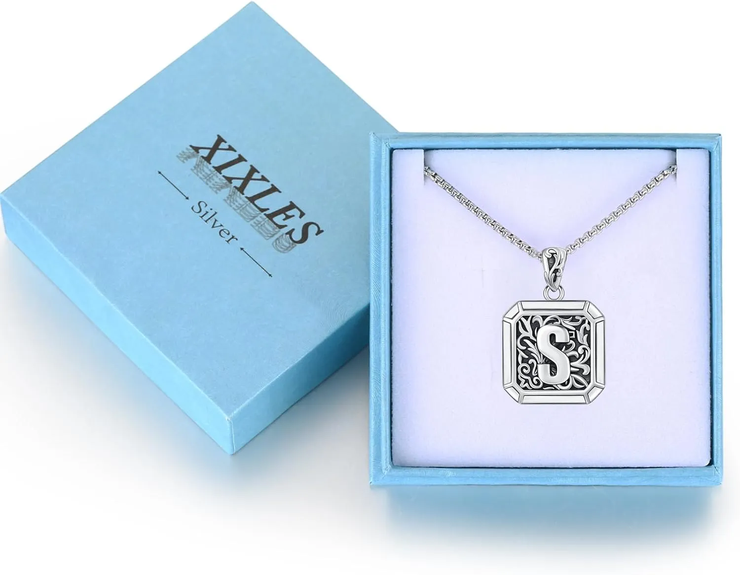 Initial Letter Necklace 925 Sterling Silver Unisex Retro Letter Pendant,Square Initial Necklace Jewelry Birthday Gifts for Men Boys