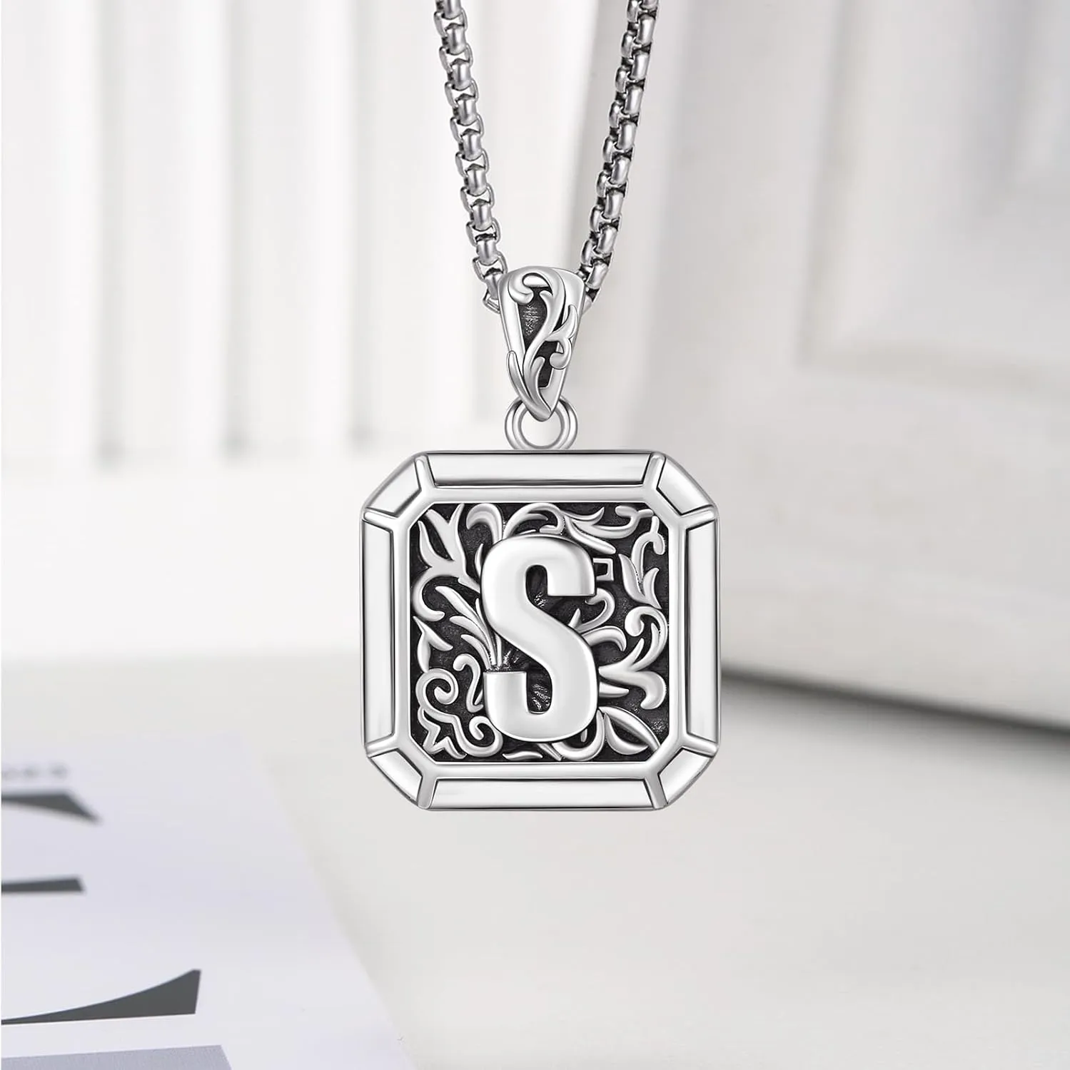 Initial Letter Necklace 925 Sterling Silver Unisex Retro Letter Pendant,Square Initial Necklace Jewelry Birthday Gifts for Men Boys
