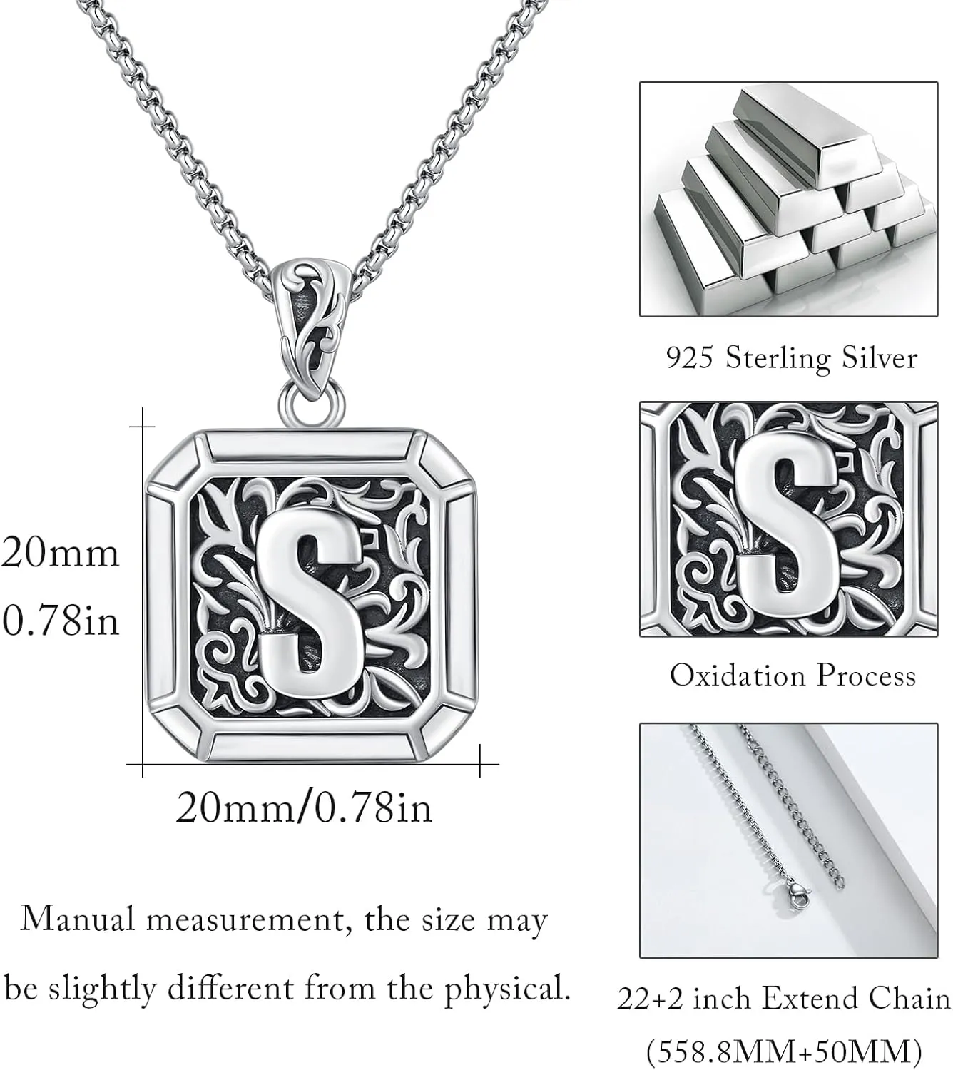 Initial Letter Necklace 925 Sterling Silver Unisex Retro Letter Pendant,Square Initial Necklace Jewelry Birthday Gifts for Men Boys