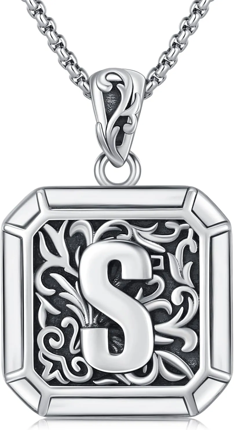 Initial Letter Necklace 925 Sterling Silver Unisex Retro Letter Pendant,Square Initial Necklace Jewelry Birthday Gifts for Men Boys