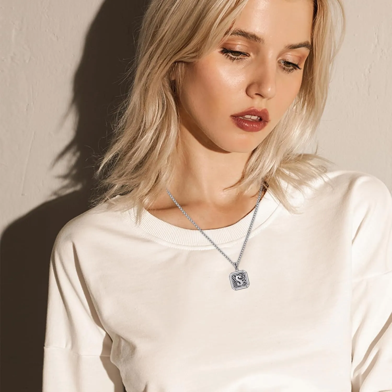 Initial Letter Necklace 925 Sterling Silver Unisex Retro Letter Pendant,Square Initial Necklace Jewelry Birthday Gifts for Men Boys