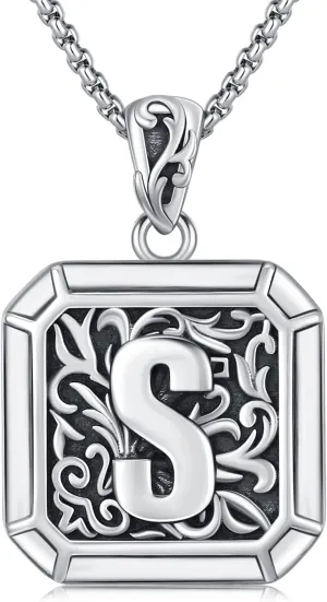 Initial Letter Necklace 925 Sterling Silver Unisex Retro Letter Pendant,Square Initial Necklace Jewelry Birthday Gifts for Men Boys