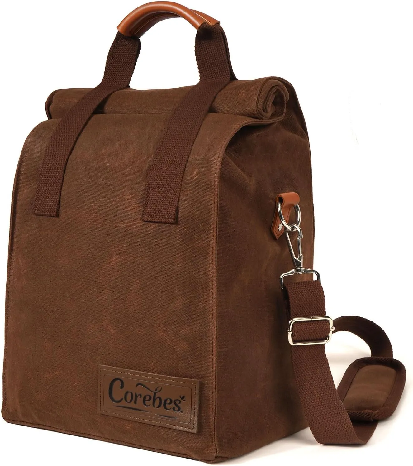 Insulated Lunch Bag for Men/Women, 11L Waxed Canvas Lunch Box with Adjustable Shoulder Strap & Double Hook-and-Loop Handles for Work Picnic Hiking Brown