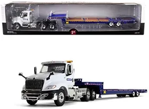 International LT Day Cab Komatsu with Ledwell Hydratail Trailer White and Blue 1/34 Diecast Model by First Gear