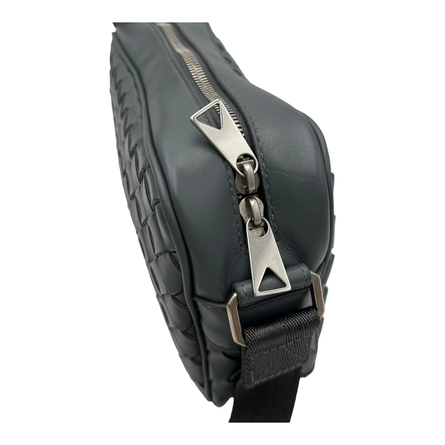 Intrecciato Crossbody Bag Grey in Calfskin, Silver hardware