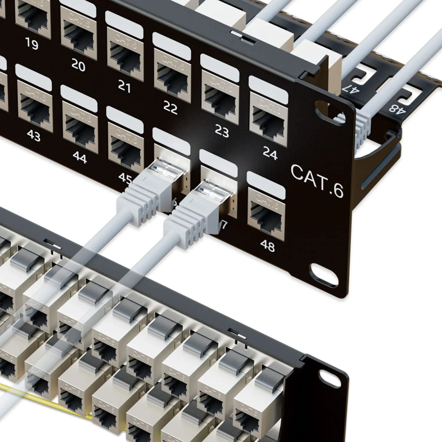 iwillink 10Gbps Patch Panel 48 Port, RJ45 Through Coupler 2U Cat6 Shielded Patch Panel STP 19-Inch with Back Bar, Wallmount or Rackmount, Compatible with Cat5, Cat5e, Cat6 Cabling