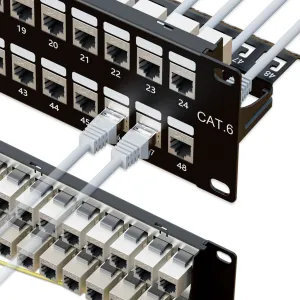 iwillink 10Gbps Patch Panel 48 Port, RJ45 Through Coupler 2U Cat6 Shielded Patch Panel STP 19-Inch with Back Bar, Wallmount or Rackmount, Compatible with Cat5, Cat5e, Cat6 Cabling