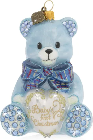 Jay Strongwater Baby's First Christmas Teddy Glass Ornament, Blue