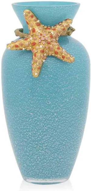 Jay Strongwater Oceana Asteria Starfish Boquet Vase 8" Tall - Mouth-Blown Glass Vase with 14K Gold Finish Metal Collar and Coral Shades of Enamel Painting