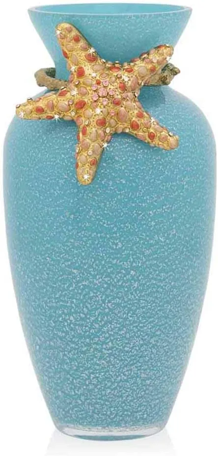 Jay Strongwater Oceana Asteria Starfish Boquet Vase 8" Tall - Mouth-Blown Glass Vase with 14K Gold Finish Metal Collar and Coral Shades of Enamel Painting