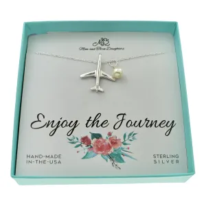 Jet Airplane Necklace in Sterling Silver | 18 Inch Cable Chain | Crystal Pearl | Pilot Gift I Flight Attendant Gift