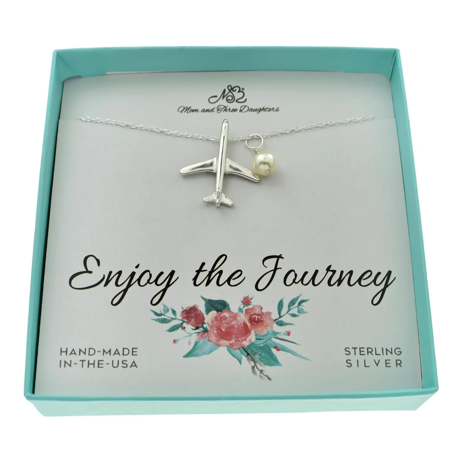 Jet Airplane Necklace in Sterling Silver | 18 Inch Cable Chain | Crystal Pearl | Pilot Gift I Flight Attendant Gift