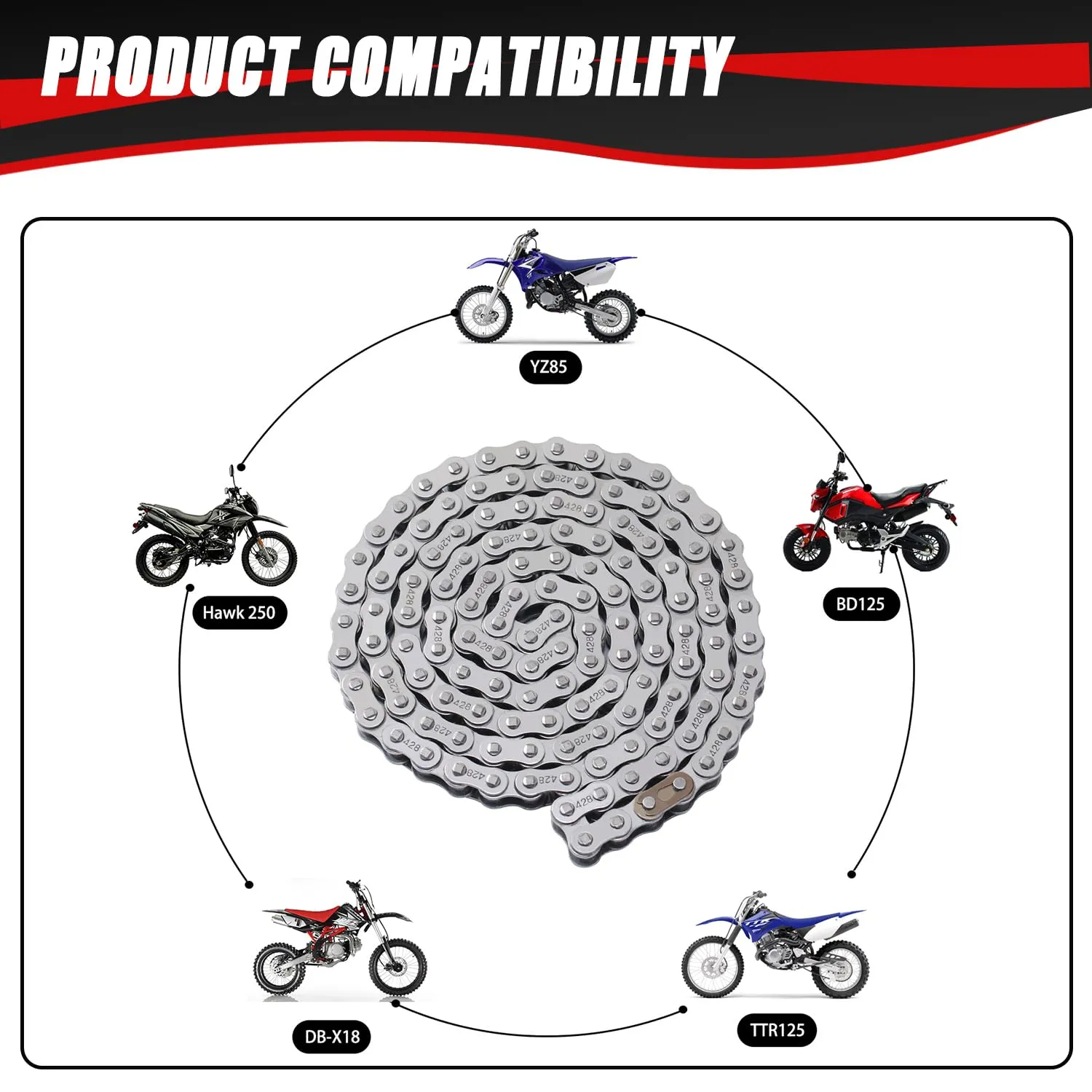 KAMIER 428 Motorcycle Chain 132 Links with Chain Breaker for TTR125 TTR225 Hawk 250 Boom Vader 125 Apollo RFZ TaoTao Coleman 110cc 125cc 150cc Pit Dirt Bike 4 Wheeler ATV Quad Go Kart Heavy Duty Parts